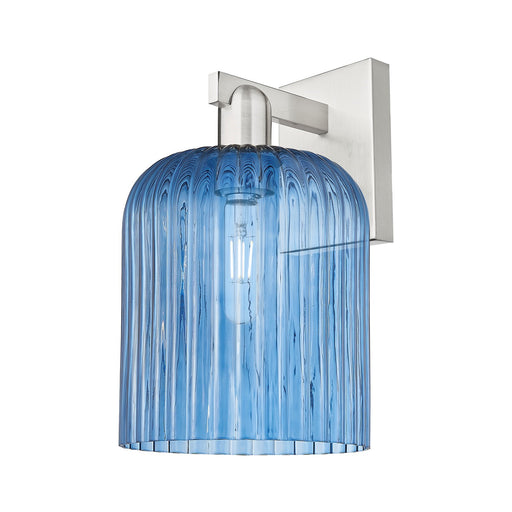 Innovations Bridal Veil 8in 1-Light Wall Sconce | Industrial Brushed Satin Nickel and Princess Blue Ribbed Glass | Bathroom & | Model 716-1W-SN-G559-8BL