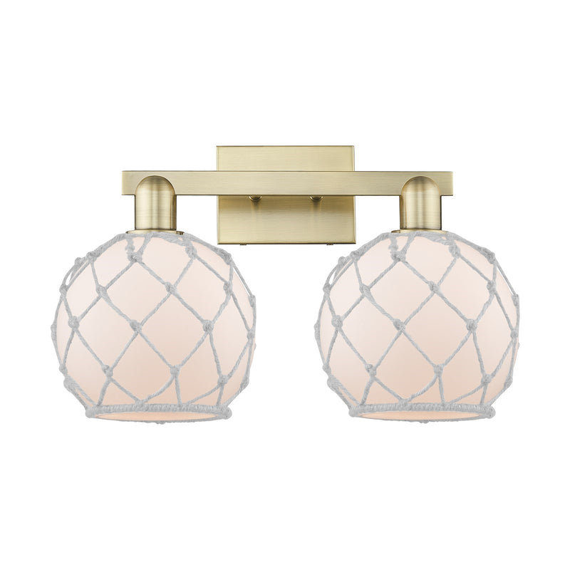 Innovations Farmhouse Rope 19in 2-Light Bath Vanity | Industrial Antique Brass Steel and White Frosted Glass with Rope | Model 716-2W-AB-G121-8RW