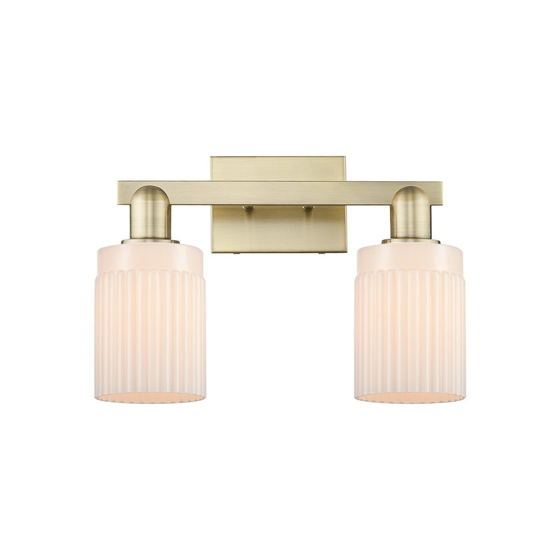 Innovations Hadley 2-Light 16in Bath Vanity Light | Industrial Antique Brass Steel and Matte White Ribbed Glass | Bathroom Vanity | Model 716-2W-AB-G341