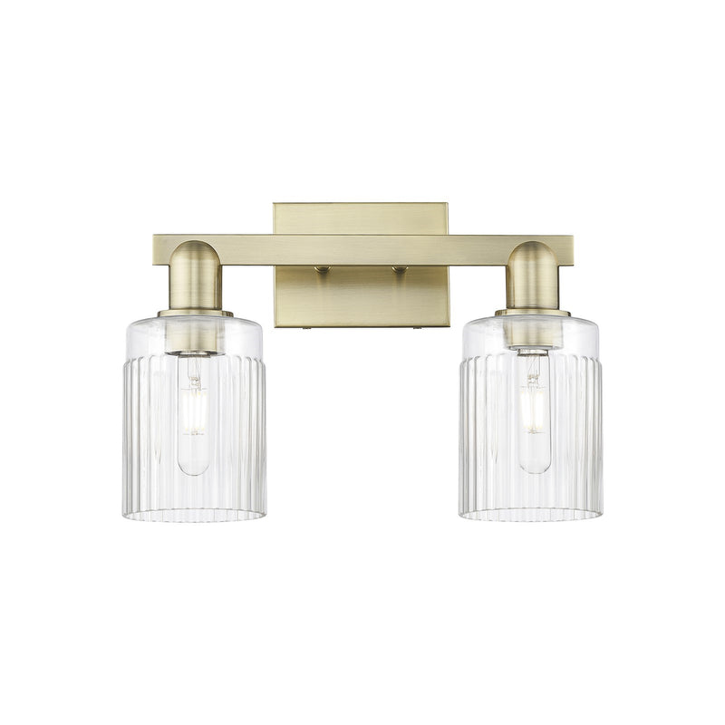 Innovations Hadley 2-Light 16in Bath Vanity Light | Industrial Antique Brass Steel and Clear Ribbed Glass | Bathroom & Entryway | Model 716-2W-AB-G342