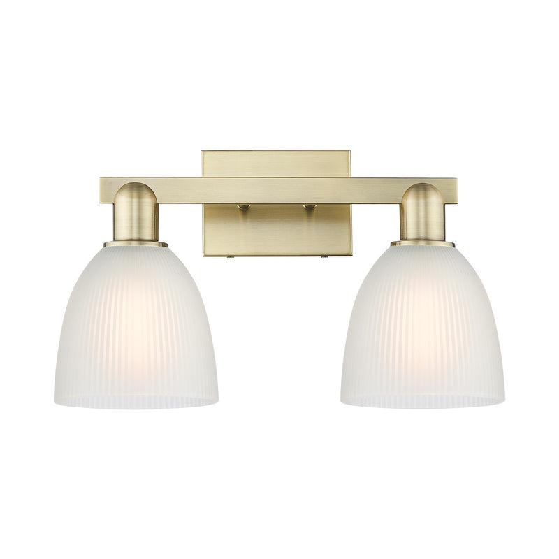 Innovations Castile 17in 2-Light Bath Vanity Light | Industrial Antique Brass Steel and White Glass | Damp-Rated Bathroom Vanity | Model 716-2W-AB-G381