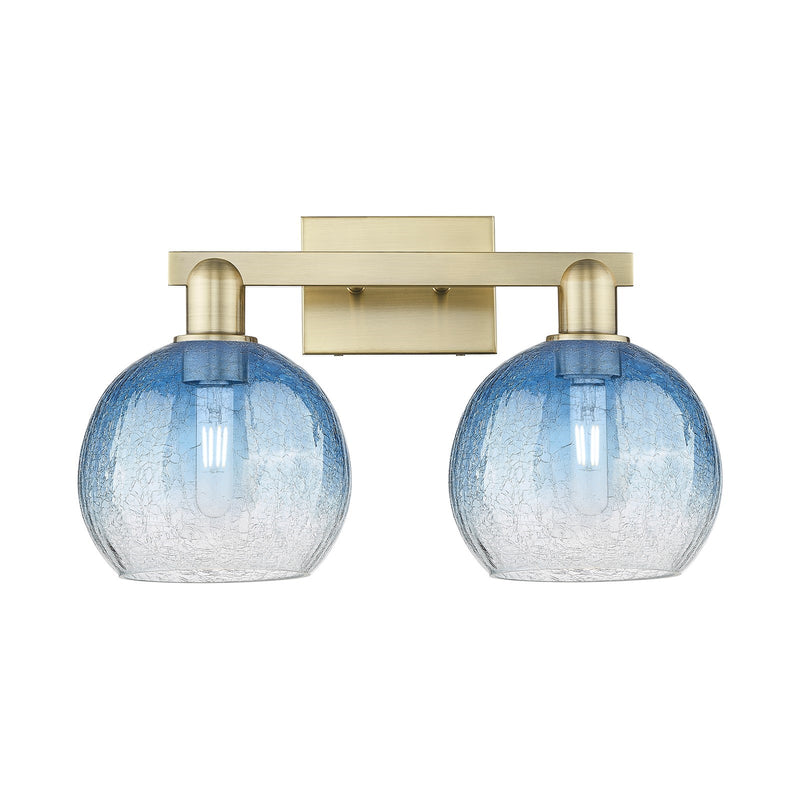 Innovations Brookhaven Globe 19in 2-Light Bath Vanity Light | Industrial Antique Brass and Sapphire Blue Glass | Bathroom | Model 716-2W-AB-G483-8SB