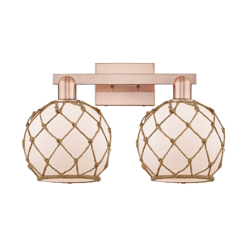 Innovations Farmhouse Rope 19in 2-Light Bath Vanity | Industrial Antique Copper Steel and White Frosted Glass with Brown Rope | Model 716-2W-AC-G121-8RB