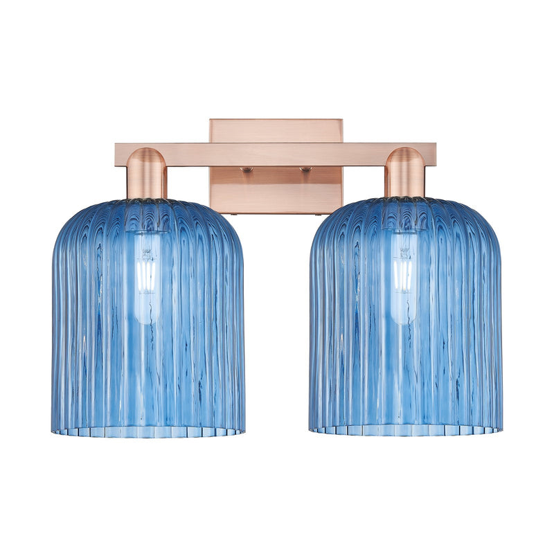 Innovations Bridal Veil 19in 2-Light Bath Vanity Light | Industrial Antique Copper Steel and Princess Blue Ribbed Glass | Model 716-2W-AC-G559-8BL