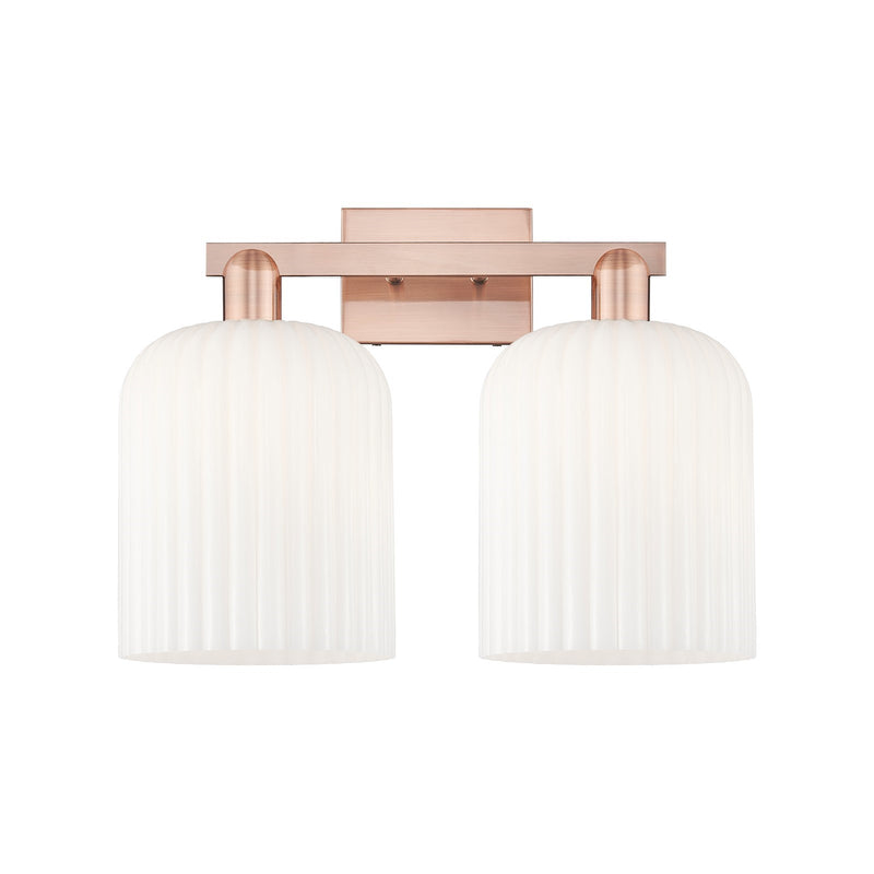 Innovations Bridal Veil 19in 2-Light Bath Vanity Light | Industrial Antique Copper and Gloss White Ribbed Glass | Bathroom | Model 716-2W-AC-G559-8GWH