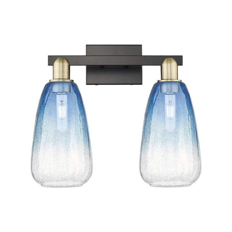 Innovations Brookhaven Almond 17in 2-Light Bath Vanity Light | Industrial Black Antique Brass and Sapphire Blue Glass | Damp | Model 716-2W-BAB-G480-6SB