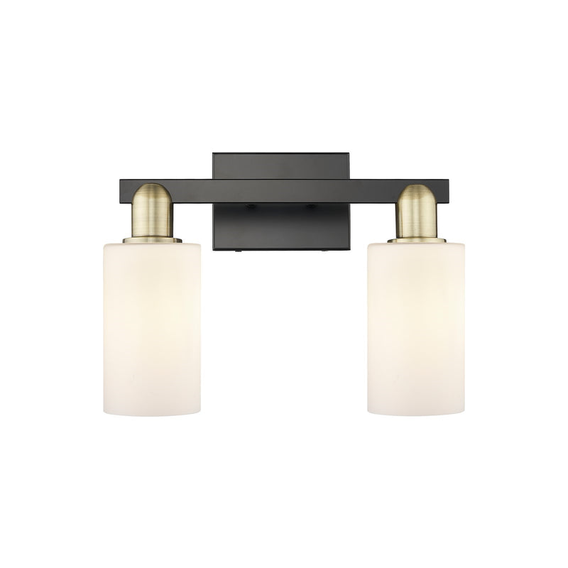 Innovations Clymer 15in 2-Light Bath Vanity | Industrial Black Antique Brass Steel and Matte White Glass | Bathroom Vanity Light | Model 716-2W-BAB-G801