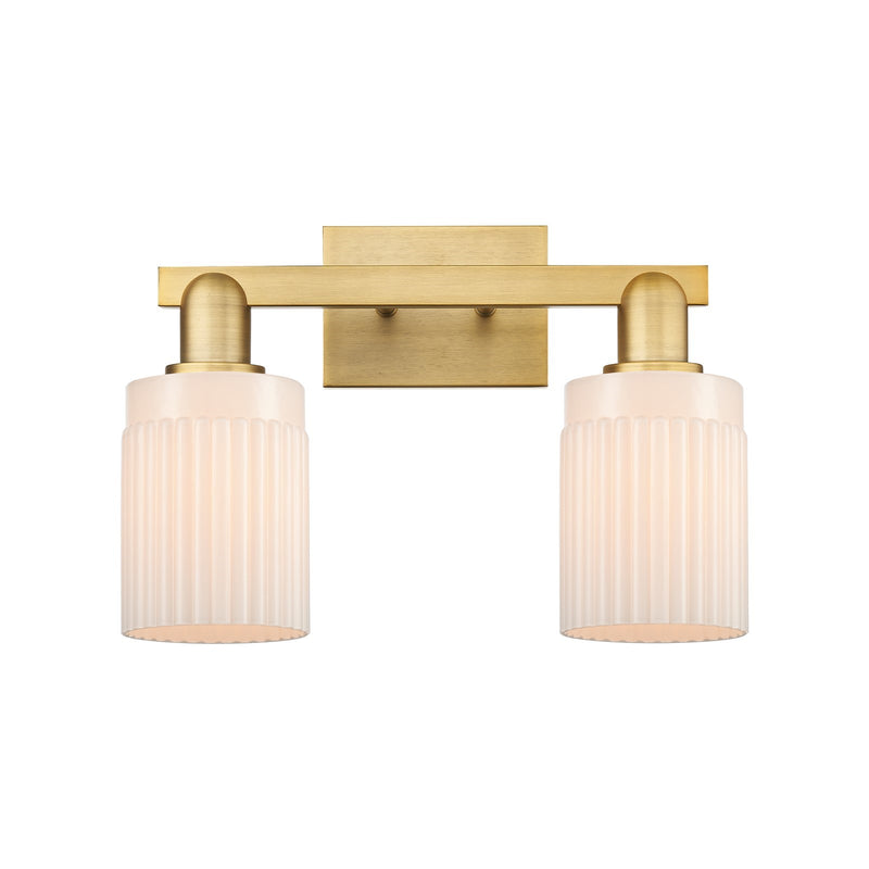 Innovations Hadley 16in 2-Light Bath Vanity Light | Industrial Brushed Brass Steel and Matte White Ribbed Glass | Bathroom Vanity | Model 716-2W-BB-G341