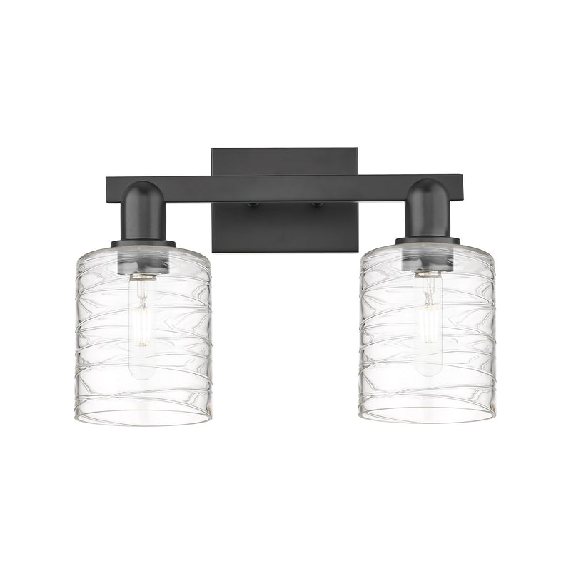 Innovations Cobbleskill 16in 2-Light Bath Vanity Light | Industrial Matte Black Steel and Deco Swirl Glass | Bathroom Vanity | 16 | Model 716-2W-BK-G1113
