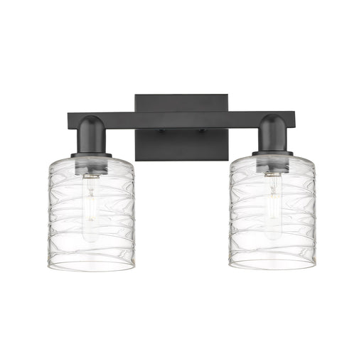 Innovations Cobbleskill 16in 2-Light Bath Vanity Light | Industrial Matte Black Steel and Deco Swirl Glass | Bathroom Vanity | 16 | Model 716-2W-BK-G1113