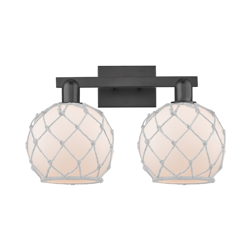 Innovations Farmhouse Rope 19in 2-Light Bath Vanity | Industrial Matte Black Steel and White Frosted Glass with Rope | Bathroom | Model 716-2W-BK-G121-8RW