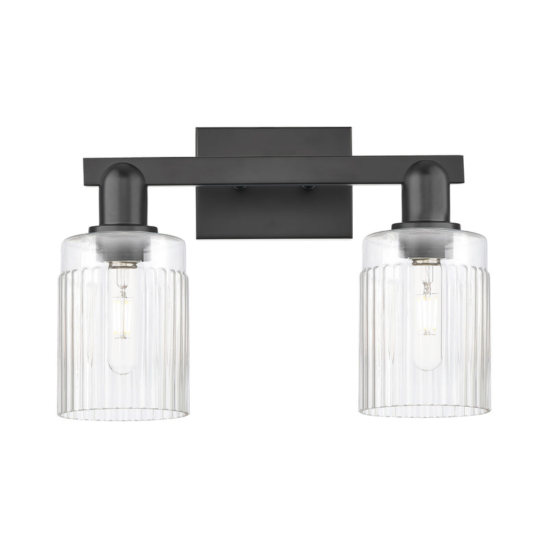 Innovations Hadley 16in 2-Light Bath Vanity Light | Industrial Matte Black Steel and Clear Ribbed Glass | Bathroom Vanity | 15.5 x | Model 716-2W-BK-G342
