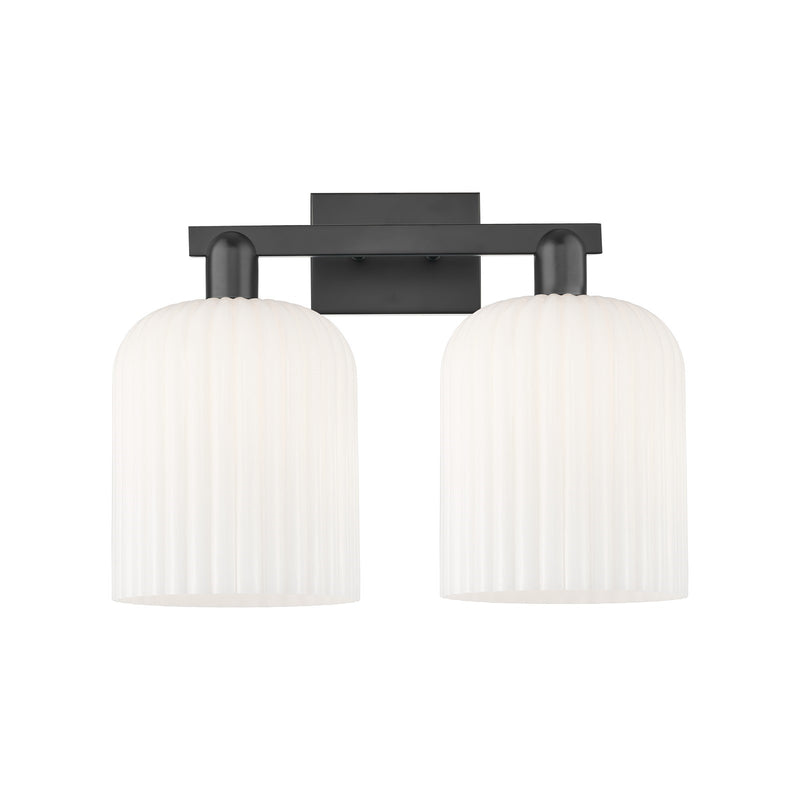Innovations Bridal Veil 19in 2-Light Bath Vanity Light | Industrial Matte Black Steel and Gloss White Ribbed Glass | Bathroom | Model 716-2W-BK-G559-8GWH