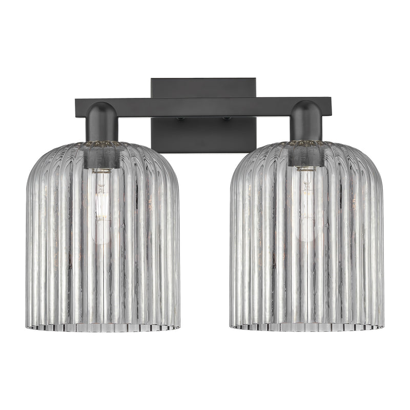 Innovations Bridal Veil 19in 2-Light Bath Vanity Light | Industrial Matte Black Steel and Light Smoke Ribbed Glass | Bathroom | Model 716-2W-BK-G559-8SM