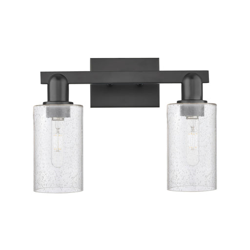 Innovations Clymer 15in 2-Light Bath Vanity Light | Industrial Matte Black Steel and Seedy Glass | Bathroom Vanity | 14.88 x 10.62 | Model 716-2W-BK-G804