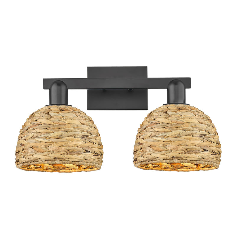 Innovations Woven Rattan 19in 2-Light Bath Vanity | Industrial Matte Black Steel and Natural Fiber Dome Shade | Bathroom & | Model 716-2W-BK-RBD-8-NAT