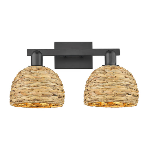 Innovations Woven Rattan 19in 2-Light Bath Vanity | Industrial Matte Black Steel and Natural Fiber Dome Shade | Bathroom & | Model 716-2W-BK-RBD-8-NAT