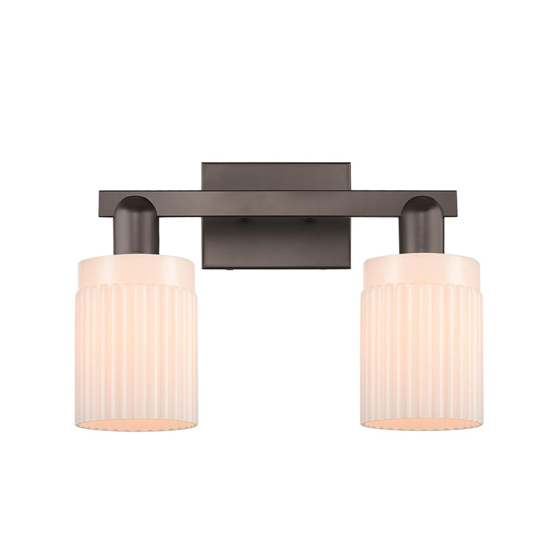 Innovations Hadley 2-Light 16in Bath Vanity Light | Industrial Oil Rubbed Bronze Steel and Matte White Ribbed Glass | Bathroom | Model 716-2W-OB-G341