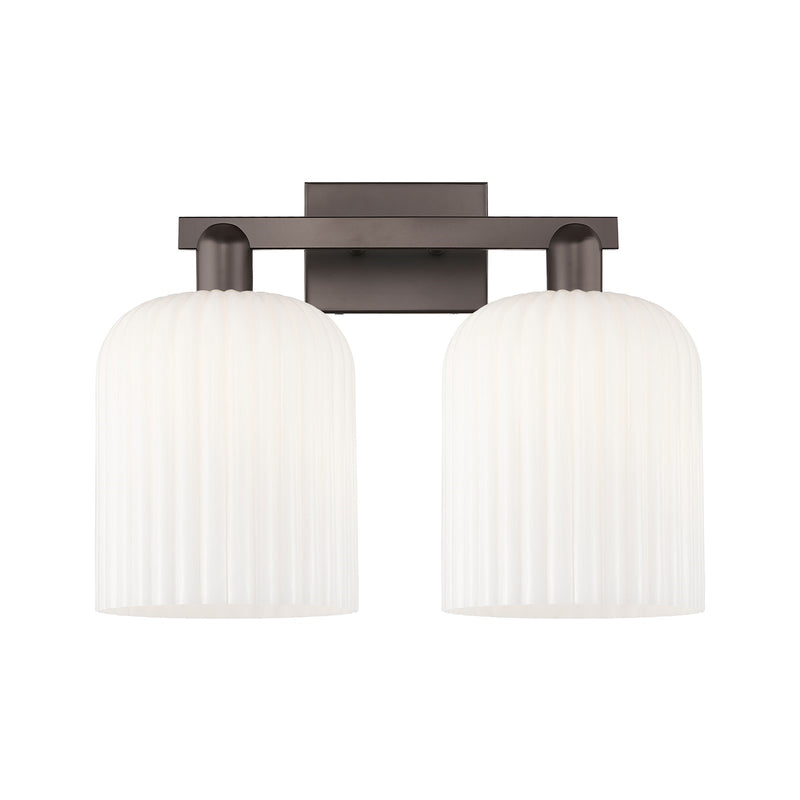 Innovations Bridal Veil 19in 2-Light Bath Vanity Light | Industrial Oil Rubbed Bronze and Gloss White Ribbed Glass | Bathroom | Model 716-2W-OB-G559-8GWH