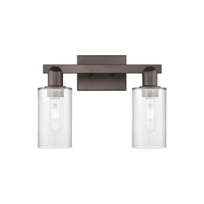 Innovations Clymer 15in 2-Light Bath Vanity Light | Industrial Oil Rubbed Bronze Steel and Clear Glass | Damp Rated Bathroom Vanity | Model 716-2W-OB-G802