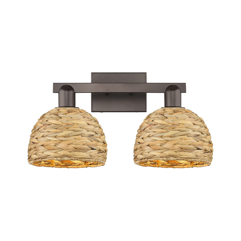Innovations Woven Rattan 19in 2-Light Bath Vanity Light | Industrial Oil Rubbed Bronze Steel and Natural Fiber Dome Shade | Model 716-2W-OB-RBD-8-NAT