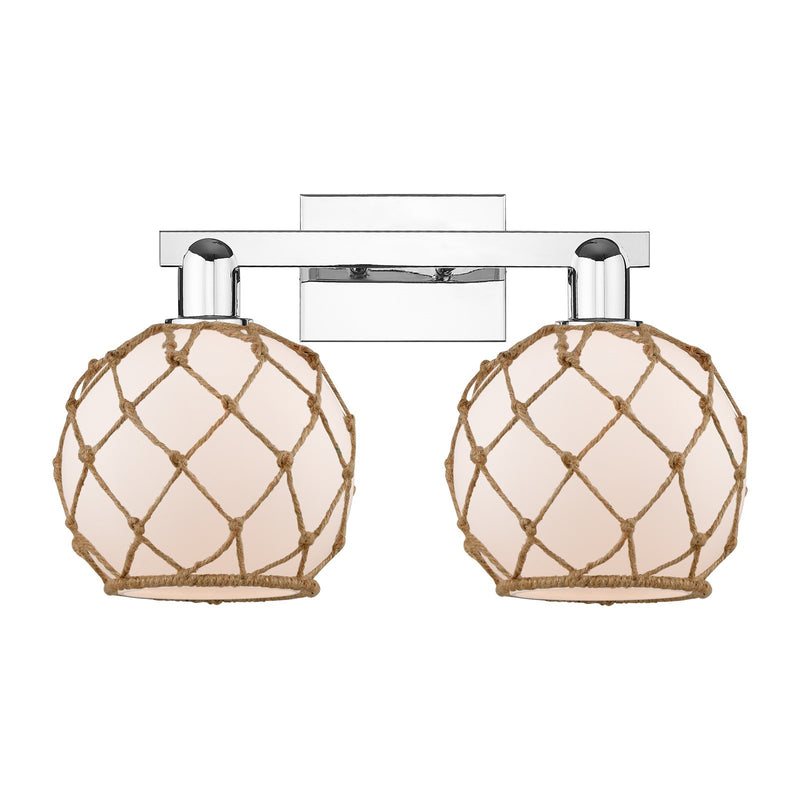 Innovations Farmhouse Rope 19in 2-Light Bath Vanity | Industrial Polished Chrome and White Glass with Brown Rope | Bathroom | Model 716-2W-PC-G121-8RB
