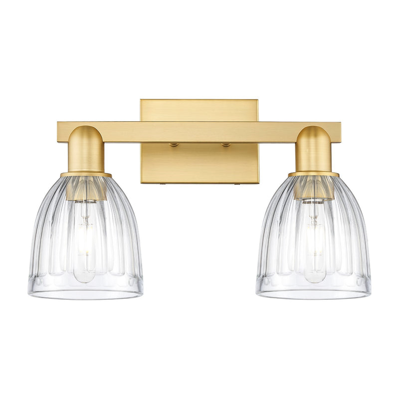 Innovations Brookfield 17in 2-Light Bath Vanity Light | Industrial Satin Gold Steel and Cast Brass with Clear Ribbed Glass Shade | Model 716-2W-SG-G442