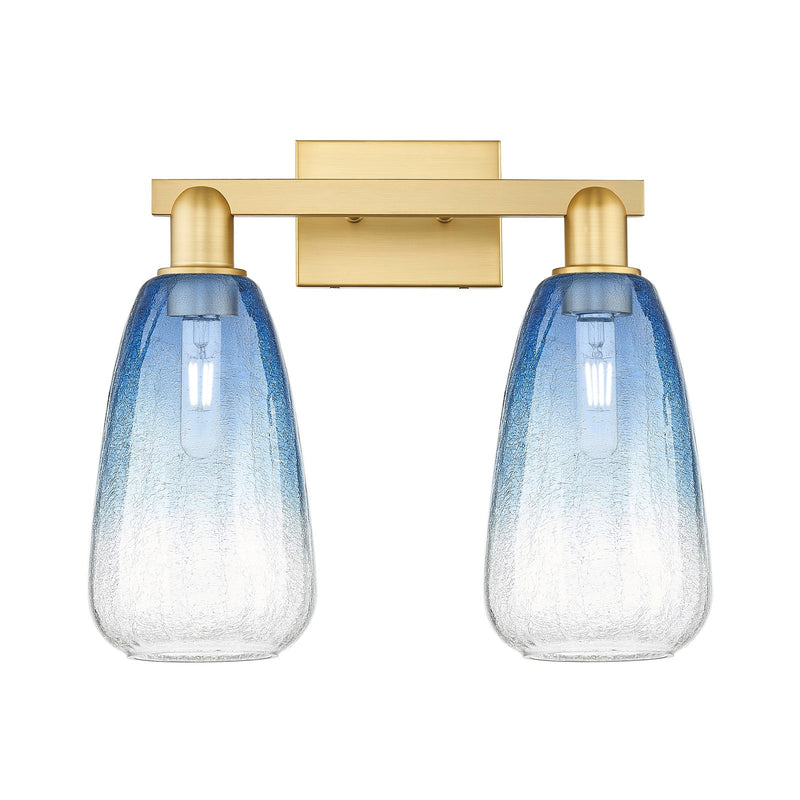 Innovations Brookhaven Almond 17in 2-Light Bath Vanity Light | Industrial Satin Gold Steel and Sapphire Blue Glass | Bathroom | Model 716-2W-SG-G480-6SB