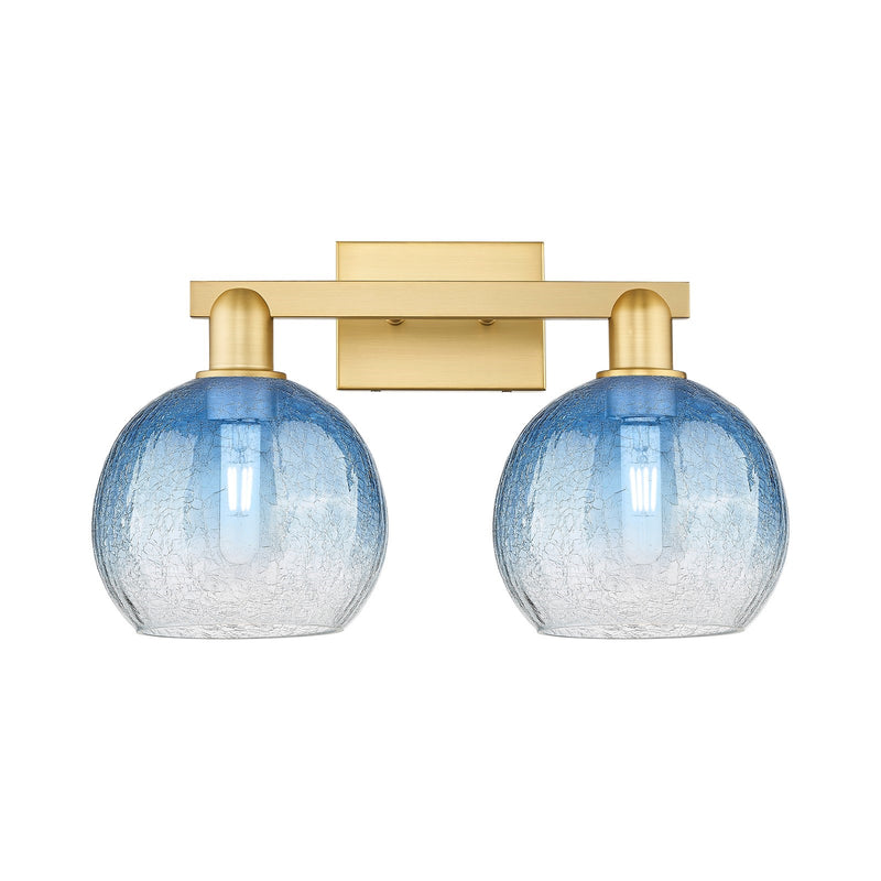 Innovations Brookhaven Globe 19in 2-Light Bath Vanity Light | Industrial Satin Gold Steel and Sapphire Blue Glass | Bathroom | Model 716-2W-SG-G483-8SB