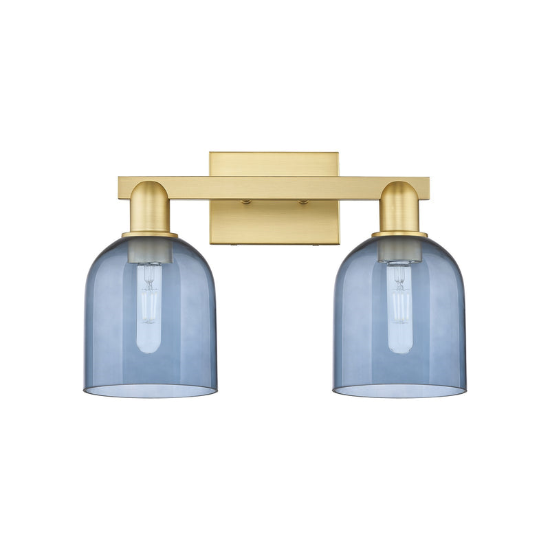 Innovations Bella 17in 2-Light Bath Vanity Light | Industrial Satin Gold Steel and Blue Glass | Bathroom Vanity | 16.5 x 11.25 | Model 716-2W-SG-G558-6BL