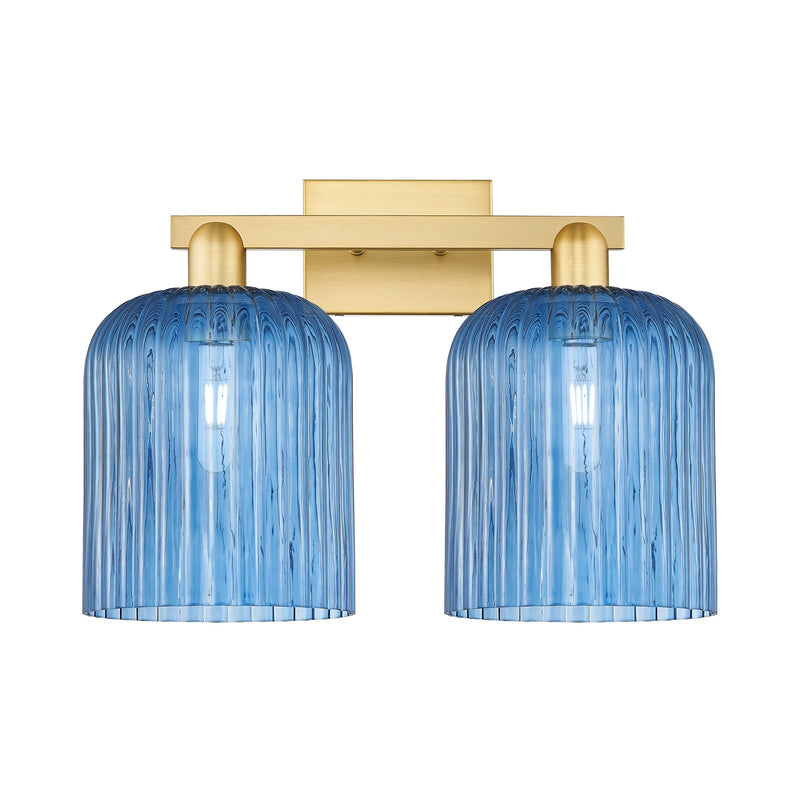 Innovations Bridal Veil 19in 2-Light Bath Vanity Light | Industrial Satin Gold Steel and Princess Blue Ribbed Glass | Bathroom | Model 716-2W-SG-G559-8BL