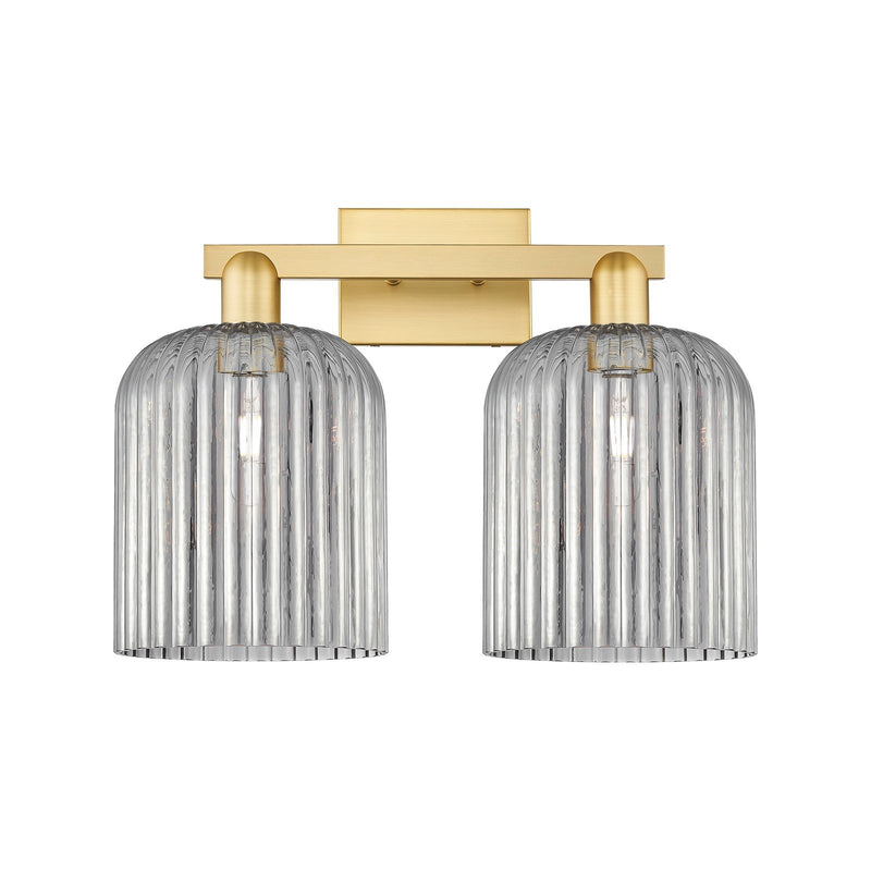 Innovations Bridal Veil 19in 2-Light Bath Vanity Light | Industrial Satin Gold Steel and Cast Brass with Light Smoke Ribbed | Model 716-2W-SG-G559-8SM