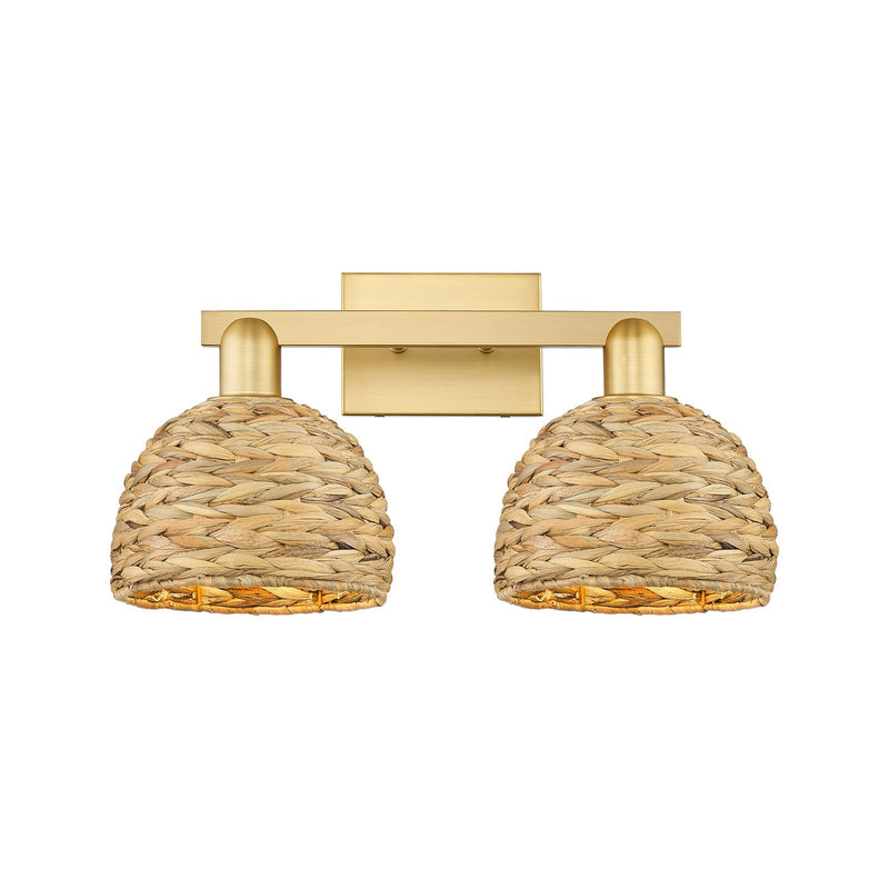 Innovations Woven Rattan 19in 2-Light Bath Vanity | Industrial Satin Gold Steel and Natural Fiber Shade | Bathroom Vanity | Model 716-2W-SG-RBD-8-NAT