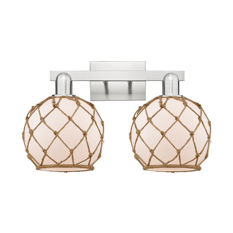 Innovations Farmhouse Rope 19in 2-Light Bath Vanity Light | Industrial Brushed Satin Nickel and White Glass with Brown Rope | Model 716-2W-SN-G121-8RB