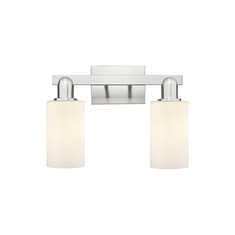 Innovations Clymer 15in 2-Light Bath Vanity Light | Industrial Brushed Satin Nickel and Matte White Glass | Bathroom Vanity | 14.88 | Model 716-2W-SN-G801