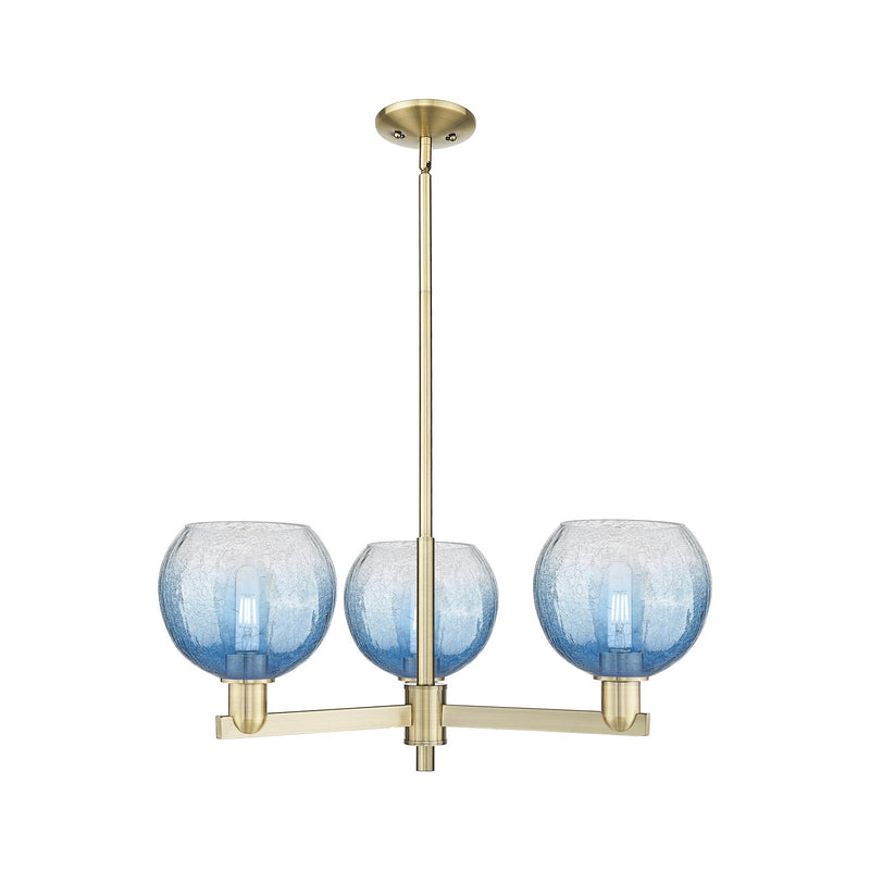 Innovations Brookhaven Globe 30in 3-Light Pendant | Industrial Antique Brass and Sapphire Blue Glass | Kitchen Island & Dining | Model 716-3CR-AB-G483-8SB