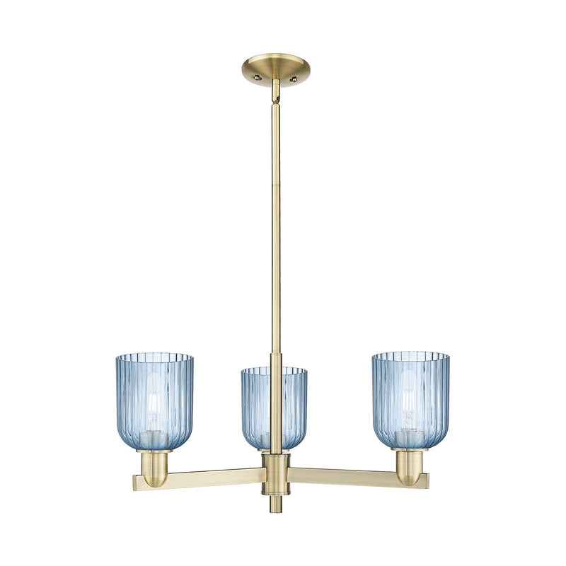 Innovations Bridal Veil 26.75in 3-Light Pendant | Industrial Antique Brass Steel and Princess Blue Ribbed Glass | Kitchen | Model 716-3CR-AB-G559-5BL