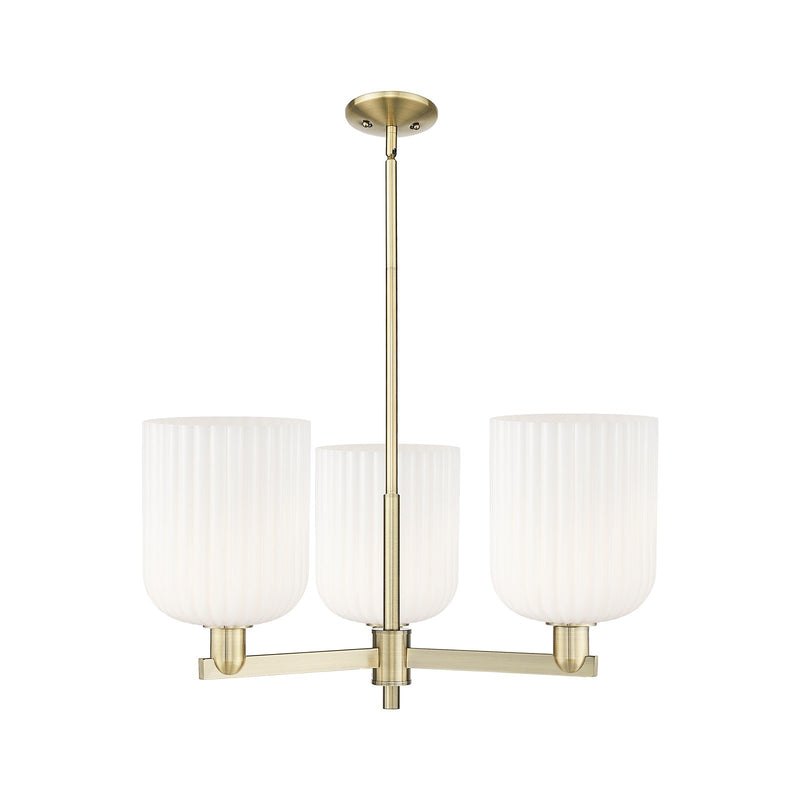 Innovations Bridal Veil 30in 3-Light Pendant | Industrial Antique Brass Steel and Gloss White Ribbed Glass | Kitchen Island & | Model 716-3CR-AB-G559-8GWH