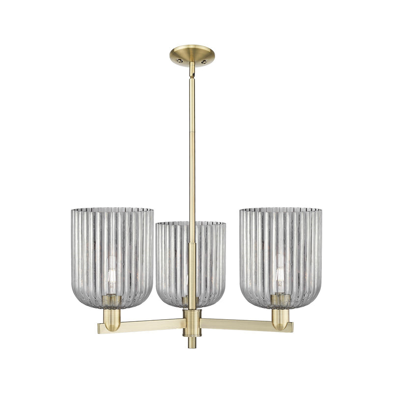 Innovations Bridal Veil 30in 3-Light Pendant | Industrial Antique Brass Steel and Light Smoke Ribbed Glass | Kitchen Island & | Model 716-3CR-AB-G559-8SM