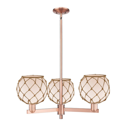 Innovations Farmhouse Rope 30in 3-Light Pendant | Industrial Antique Copper Steel and White Glass with Brown Rope | Kitchen | Model 716-3CR-AC-G121-8RB