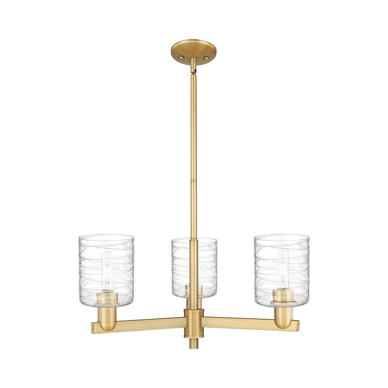 Innovations Cobbleskill 27in 3-Light Pendant | Industrial Brushed Brass Steel and Deco Swirl Clear Glass | Kitchen Island & | Model 716-3CR-BB-G1113
