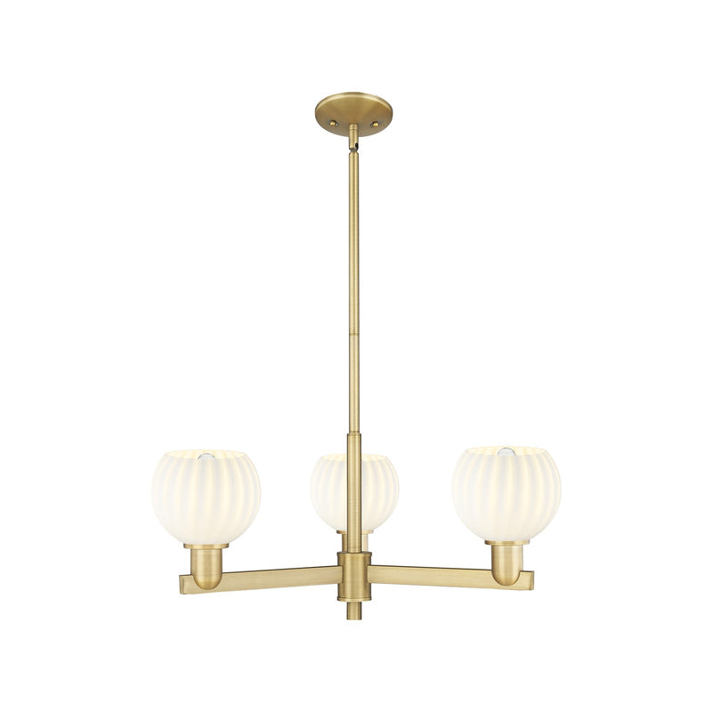 Innovations Lighting White Venetian 28in 3-Light Pendant | Industrial Brushed Brass and White Venetian Glass | Kitchen Island | Model 716-3CR-BB-G1217-6WV