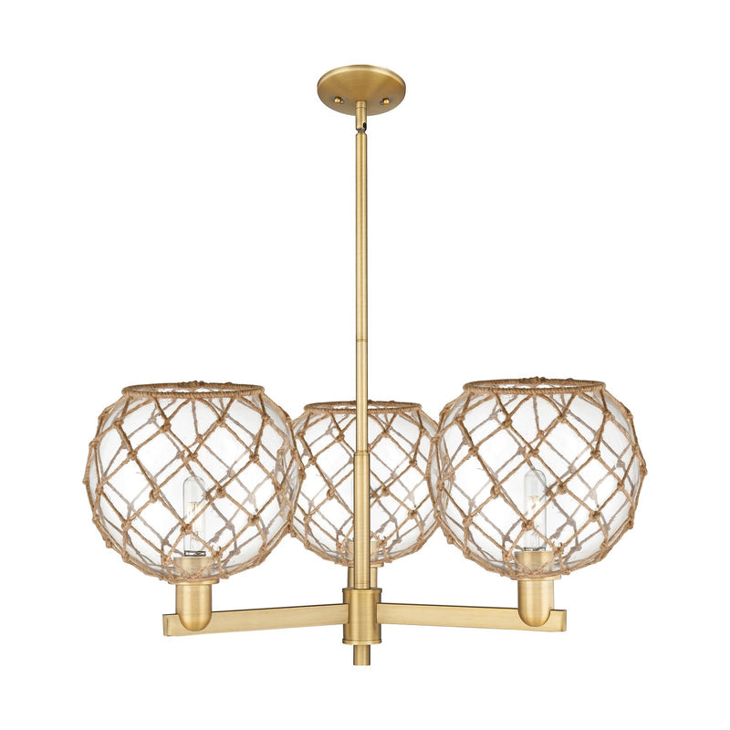 Innovations Farmhouse Rope 32in 3-Light Pendant | Industrial Brushed Brass Steel and Clear Glass with Brown Rope | Kitchen | Model 716-3CR-BB-G122-10RB
