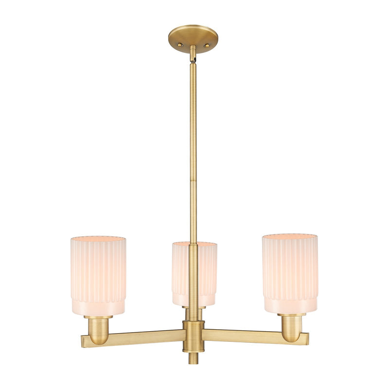 Innovations Hadley 26in 3-Light Pendant | Industrial Brushed Brass Steel and Matte White Ribbed Glass | Kitchen Island & Dining | Model 716-3CR-BB-G341