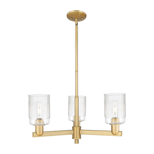 Innovations Hadley 26in 3-Light Pendant | Industrial Brushed Brass Steel and Clear Ribbed Glass | Kitchen Island & Dining Room | Model 716-3CR-BB-G342