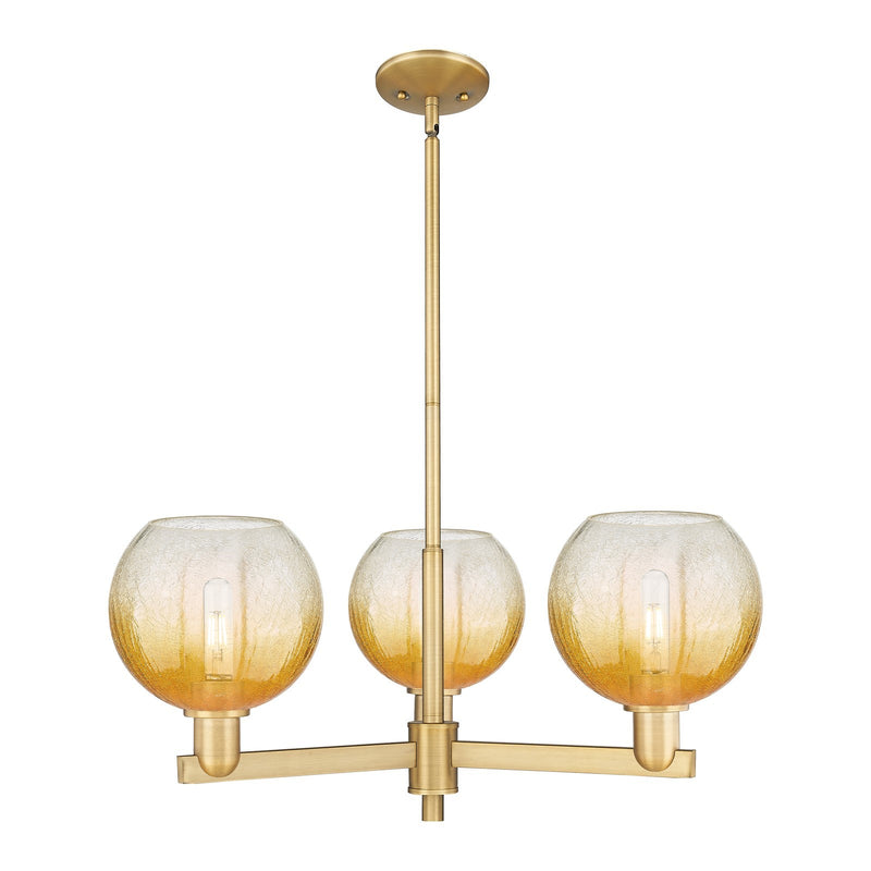 Innovations Brookhaven Globe 30in 3-Light Pendant | Industrial Brushed Brass Steel and Amber Glass | Kitchen Island & Dining | Model 716-3CR-BB-G483-8AM