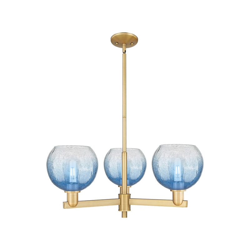 Innovations Brookhaven Globe 30in 3-Light Pendant | Industrial Brushed Brass Steel and Sapphire Blue Glass | Kitchen Island & | Model 716-3CR-BB-G483-8SB