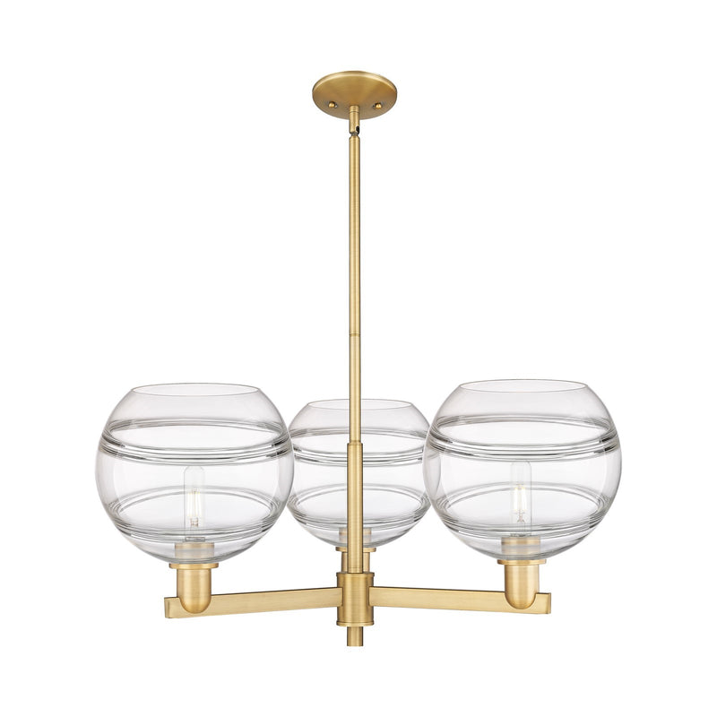 Innovations Rochester 32in 3-Light Pendant | Industrial Brushed Brass Steel and Clear Glass | Kitchen Island & Dining Room | Model 716-3CR-BB-G556-10CL