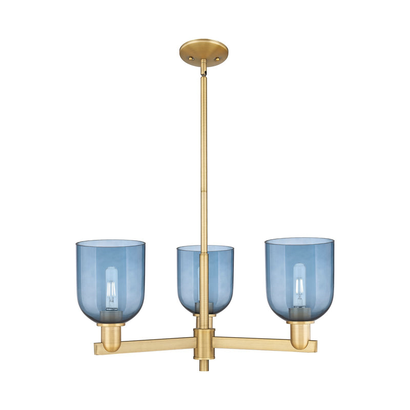 Innovations Bella 27in 3-Light Pendant | Industrial Brushed Brass and Blue Glass | Kitchen Island & Dining Room | 27.25 x | Model 716-3CR-BB-G558-6BL