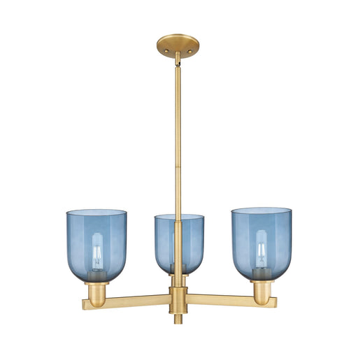 Innovations Bella 27in 3-Light Pendant | Industrial Brushed Brass and Blue Glass | Kitchen Island & Dining Room | 27.25 x | Model 716-3CR-BB-G558-6BL